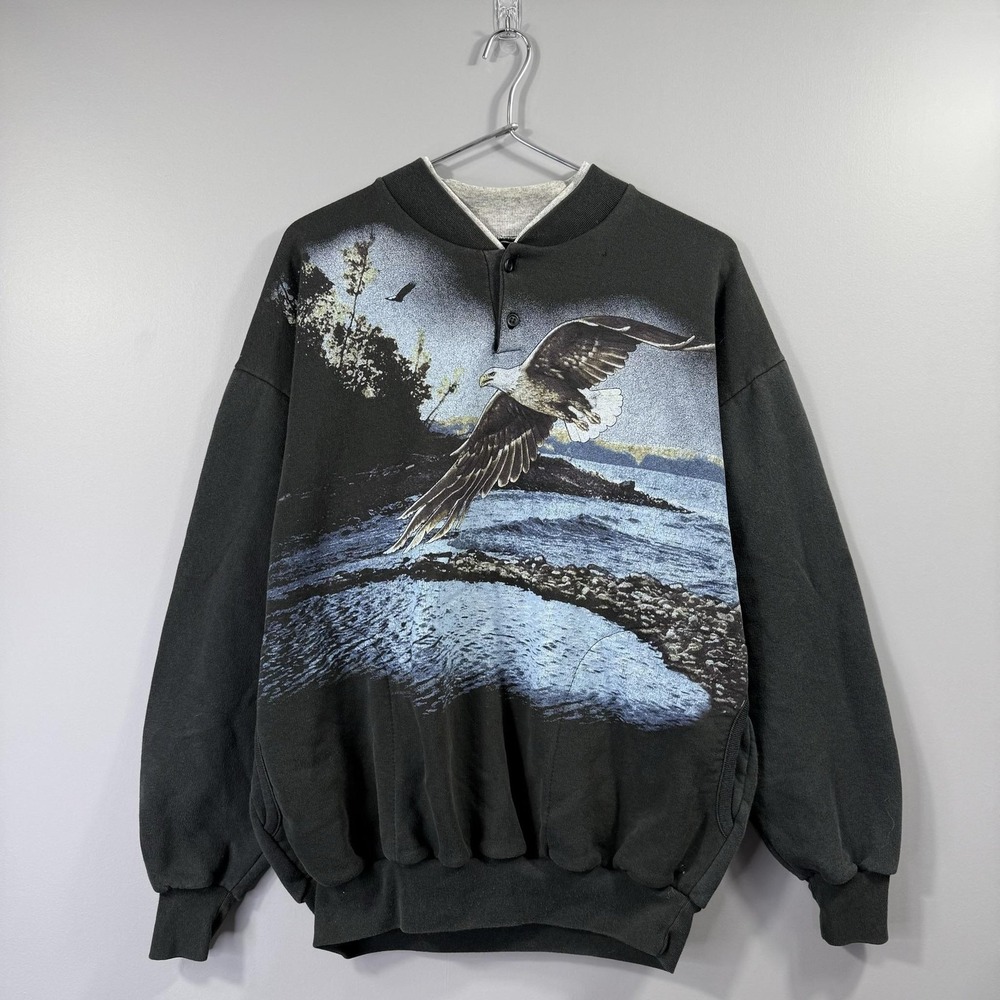 Art Unlimited Sweatshirt Mens L Black Henley Fleece Bald Eagle Nature Graphic